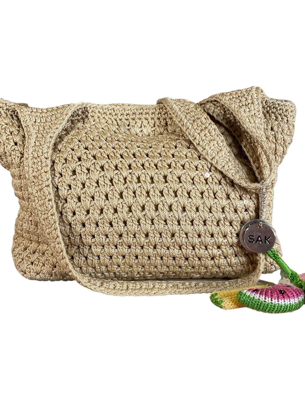 The Sak Beige Crocheted Shoulder Bag Boho Revival Granola Handcrafted Compact